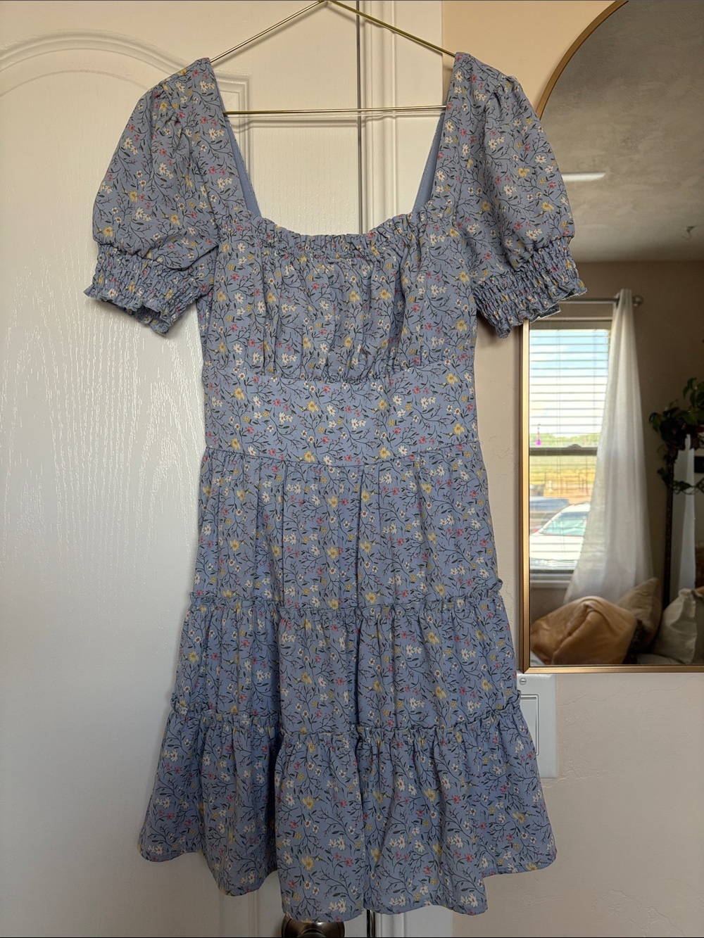 Trixxi Light Blue Floral Puff-Sleeve Midi Dress